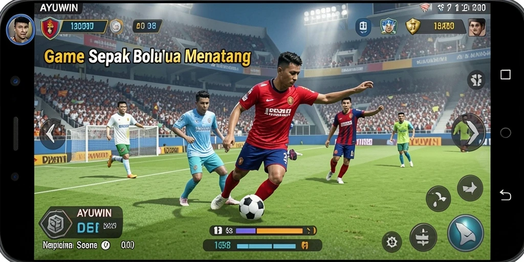 Screenshot gameplay AYUWIN dengan aksi seru di lapangan sepak bola.