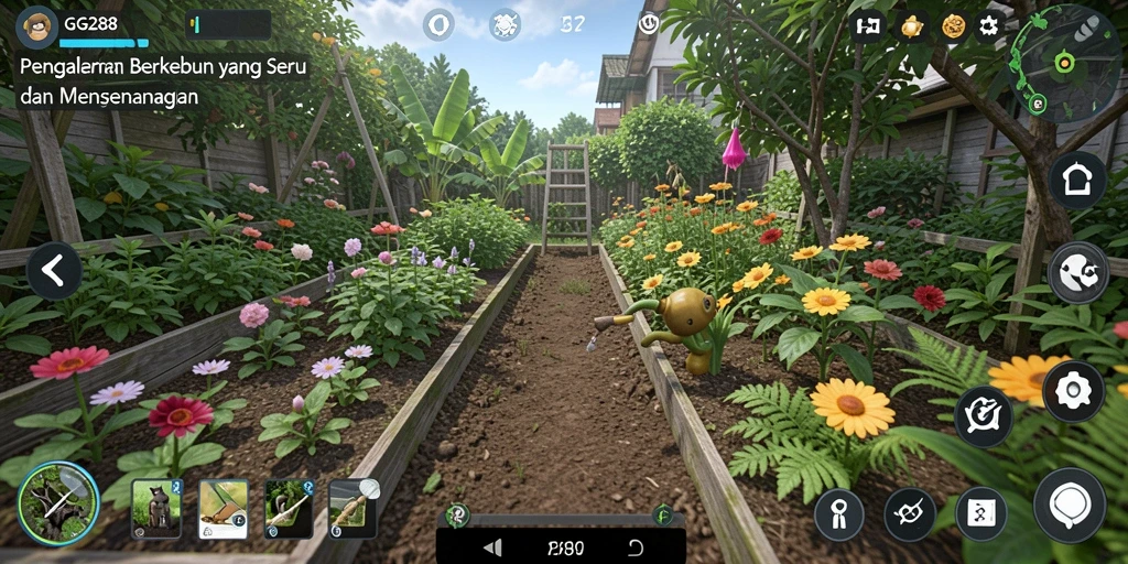 Screenshot gameplay GG288 yang menampilkan kebun indah dengan berbagai tanaman.