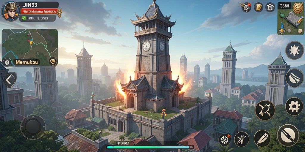 Screenshot gameplay menampilkan aksi menara pertahanan yang seru dalam JIN33.