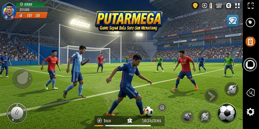 Tampilan gameplay PUTARMEGA yang menarik dengan aksi sepak bola yang seru.