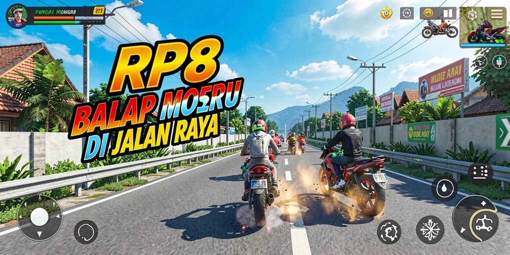 Gameplay RP8 yang menampilkan balapan motor di trek yang menantang.