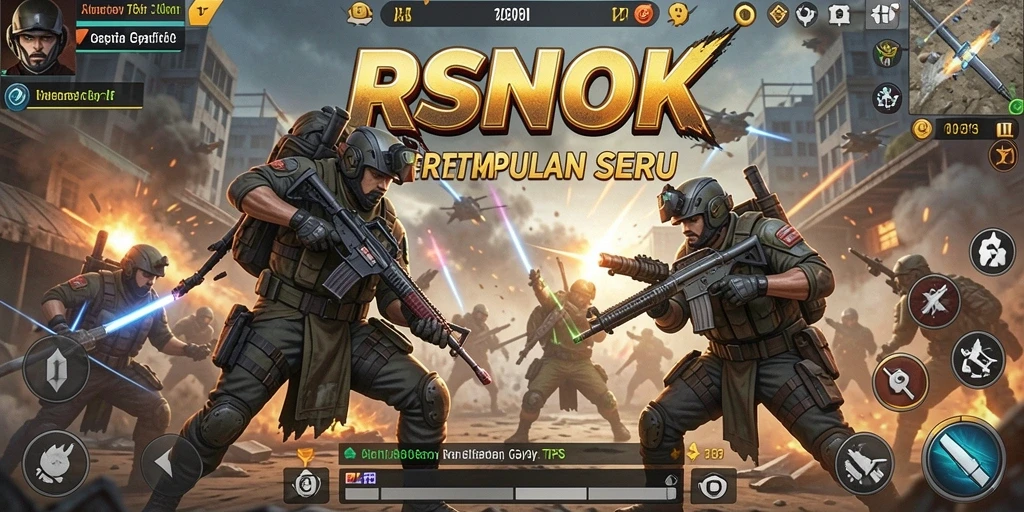 Tangkapan layar utama RSNOK menampilkan aksi tembak-menembak yang intens.