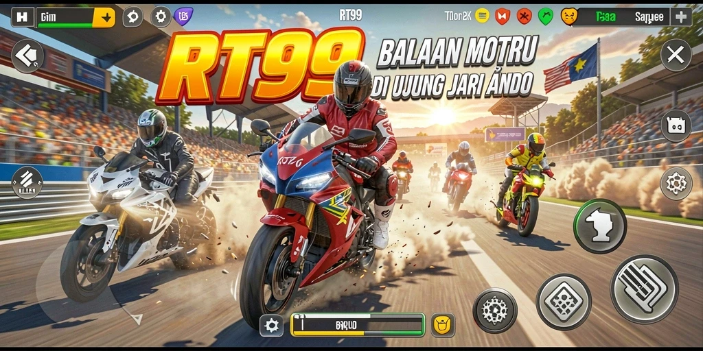Screenshot RT99 menampilkan aksi balapan motor yang menegangkan.